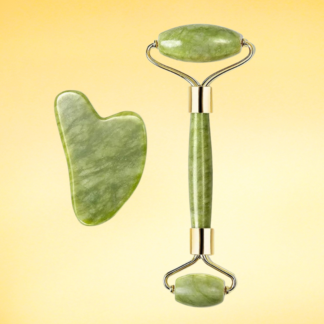 JadeLift Duo: Rodillo Jade + GuaSha - Suaviza líneas finas y arrugas con 5 minutos al día