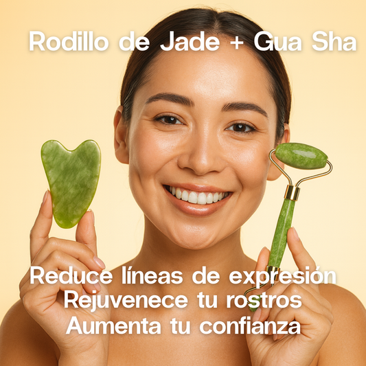 JadeLift Duo: Rodillo Jade + GuaSha - Suaviza líneas finas y arrugas con 5 minutos al día